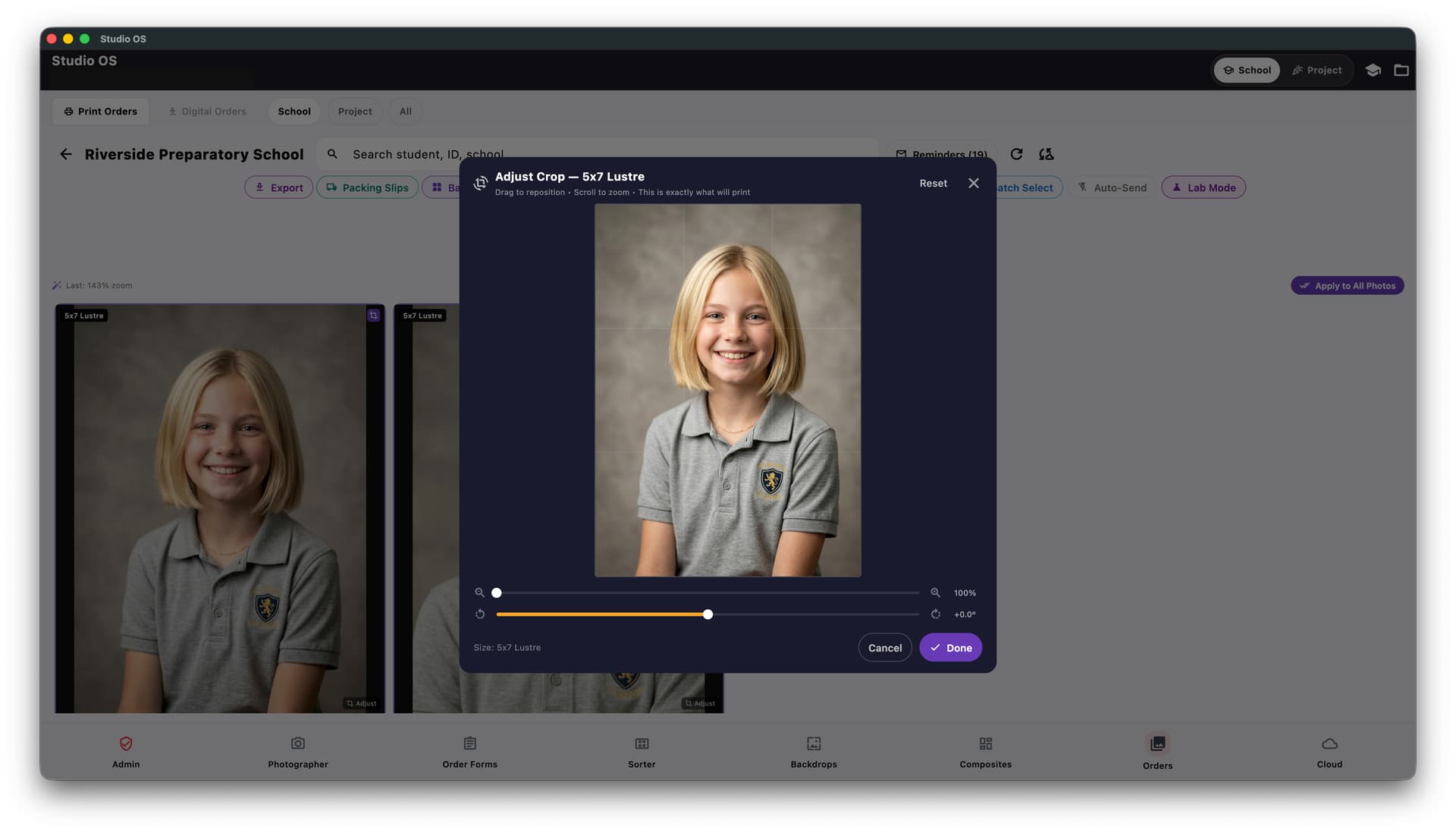 Studio OS crop workflow showing a processed portrait ready for print.