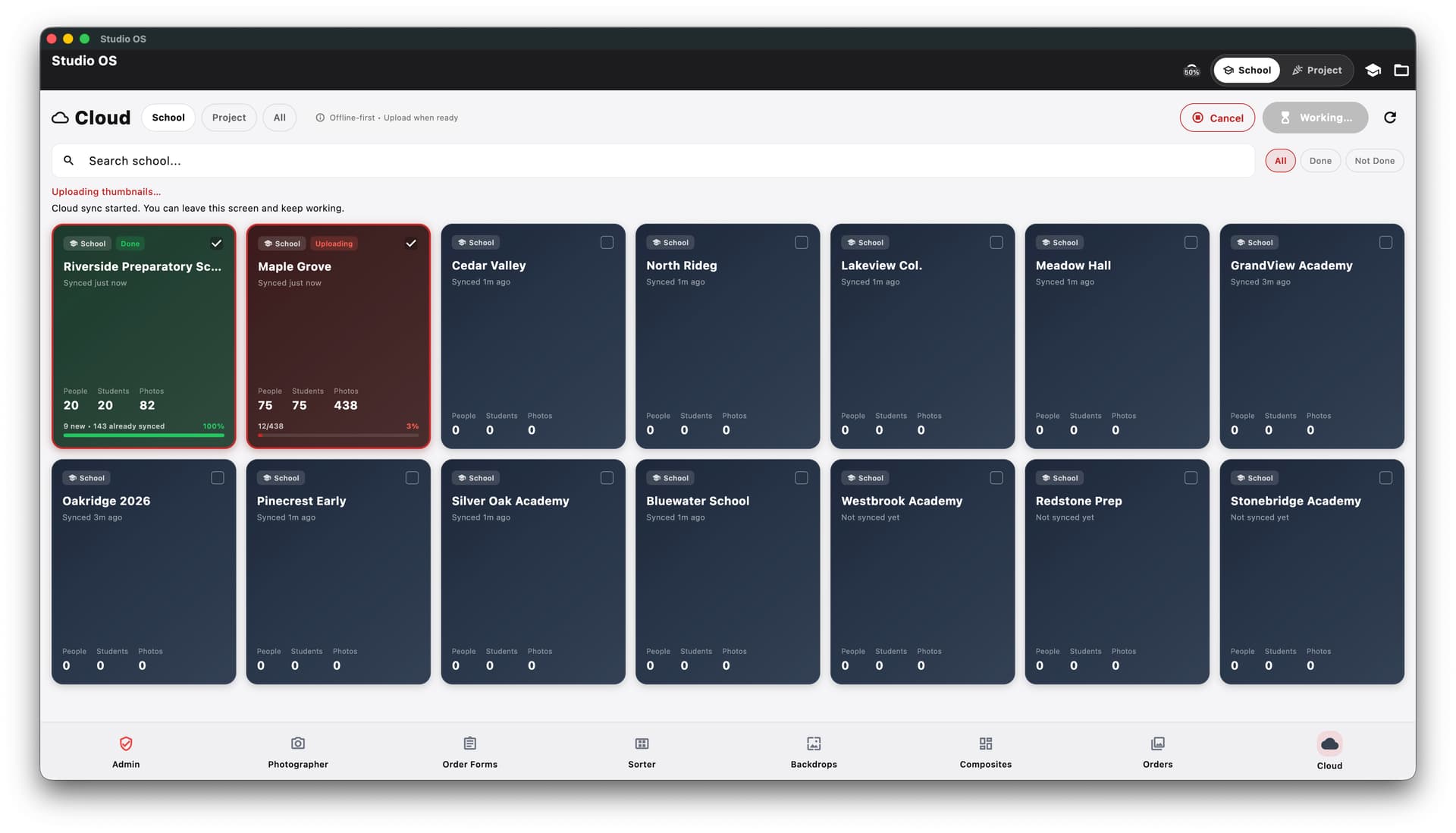 Studio OS cloud sync screen with school upload progress and sync status cards.