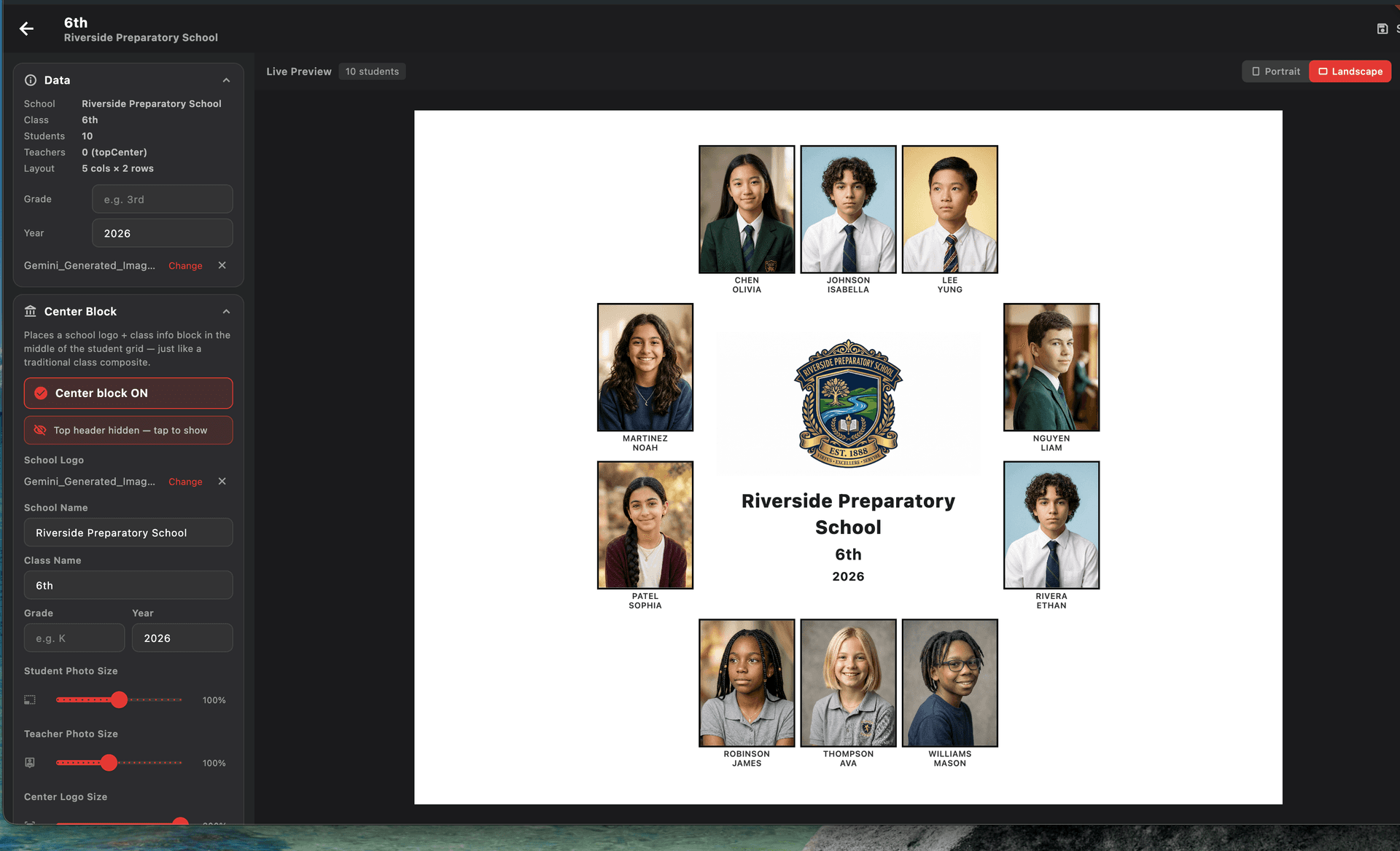 Studio OS composites builder showing a live class composite preview with logo placement and student portraits.