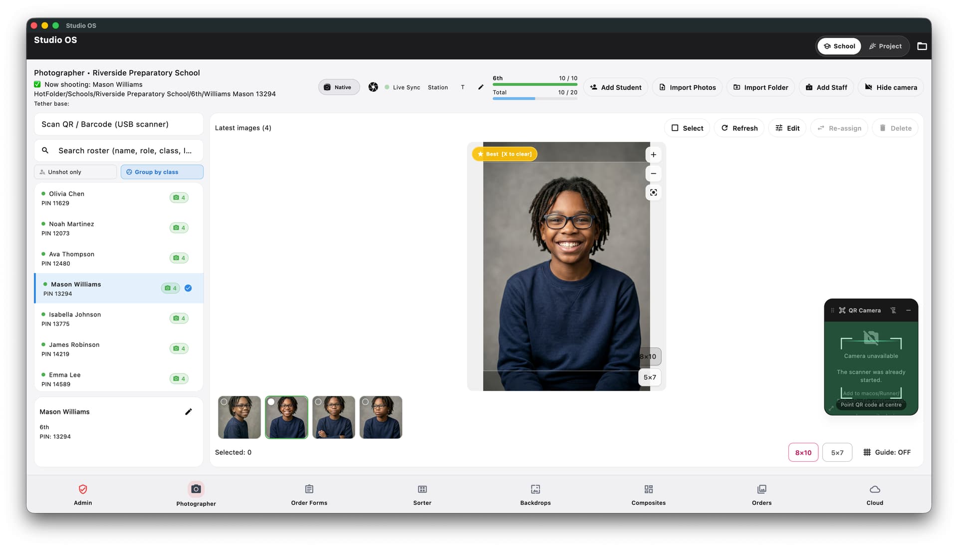 Studio OS portrait review screen with recent captures and a selected student image.