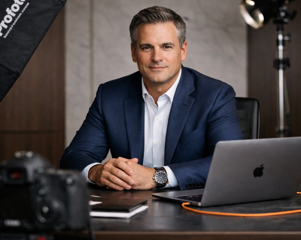 Professional corporate portrait at a desk for Studio OS business and event photography use cases.