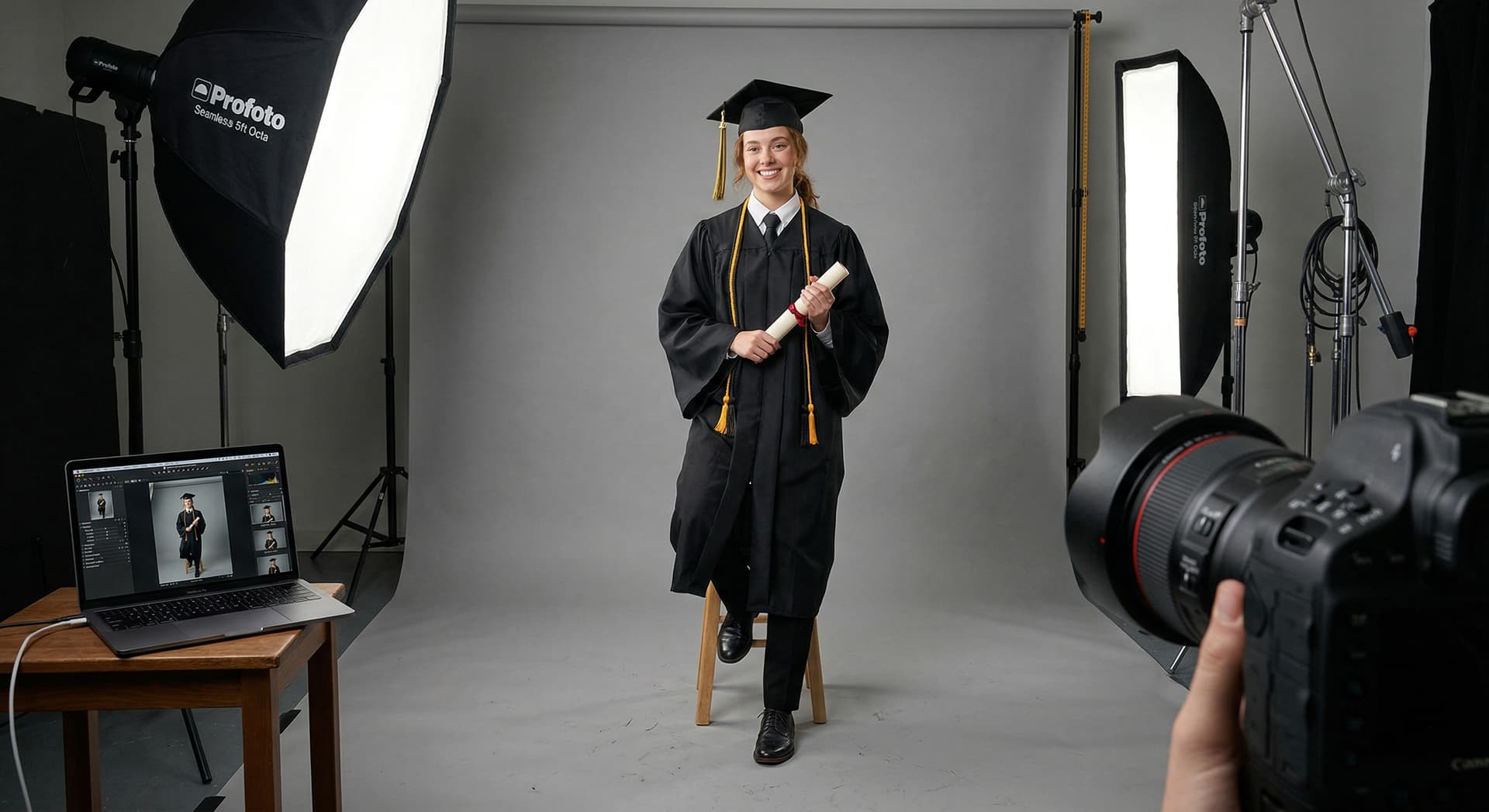 Graduate portrait session in a studio setup for Studio OS school-day photography use cases.